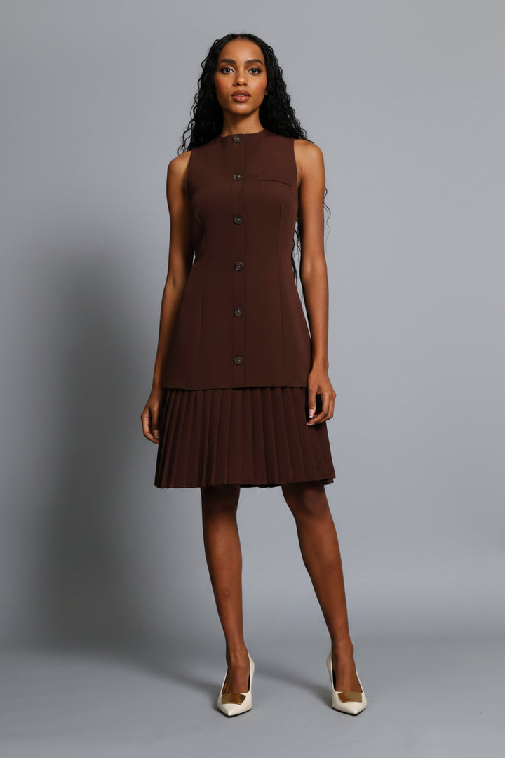 Button Through Pleated Hem Dress - Chocolate