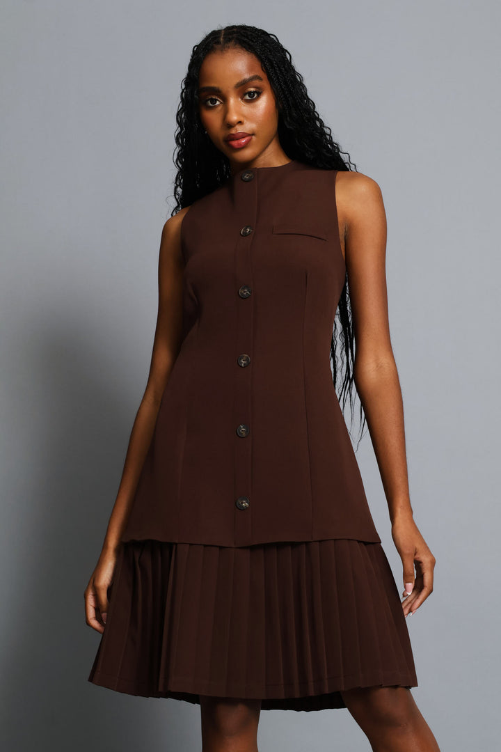 Button Through Pleated Hem Dress - Chocolate