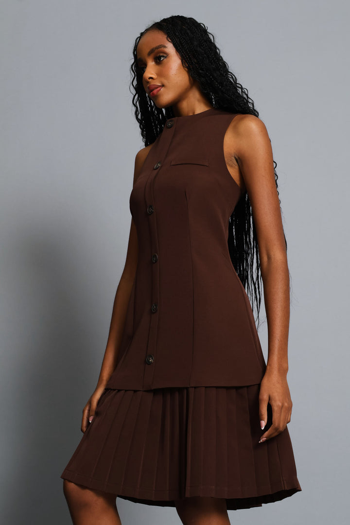 Button Through Pleated Hem Dress - Chocolate