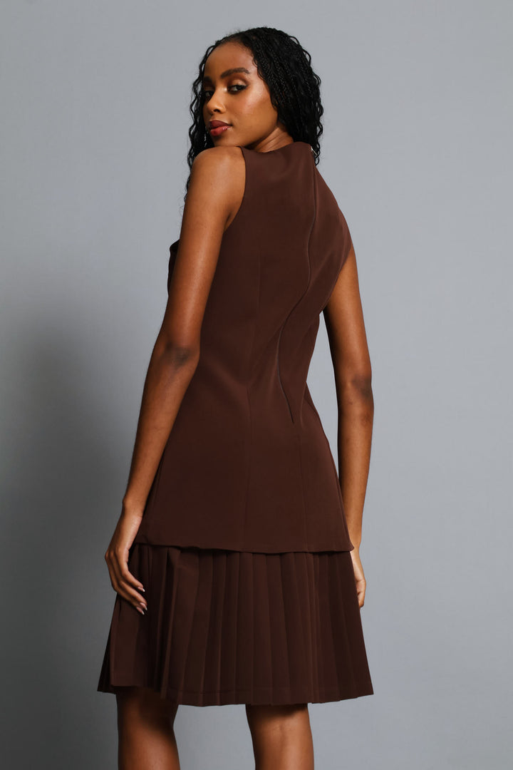 Button Through Pleated Hem Dress - Chocolate