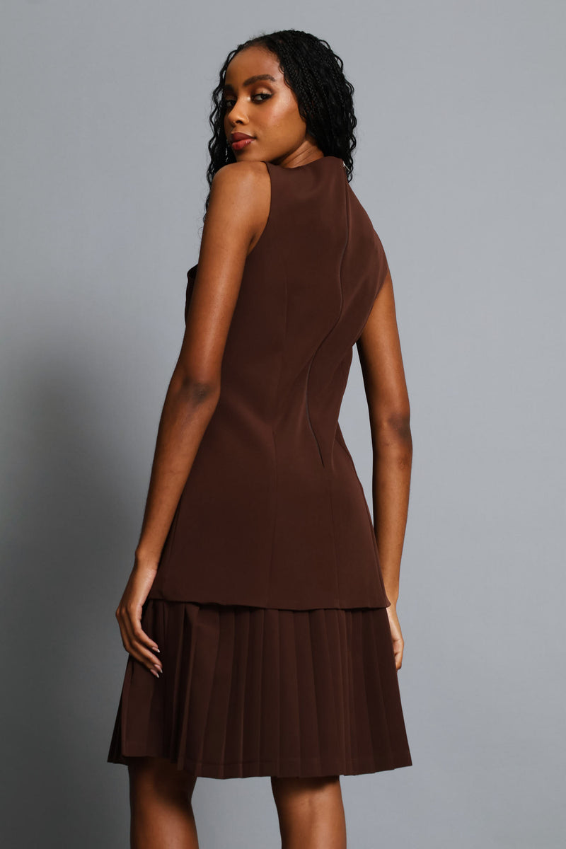 Button Through Pleated Hem Dress - Chocolate