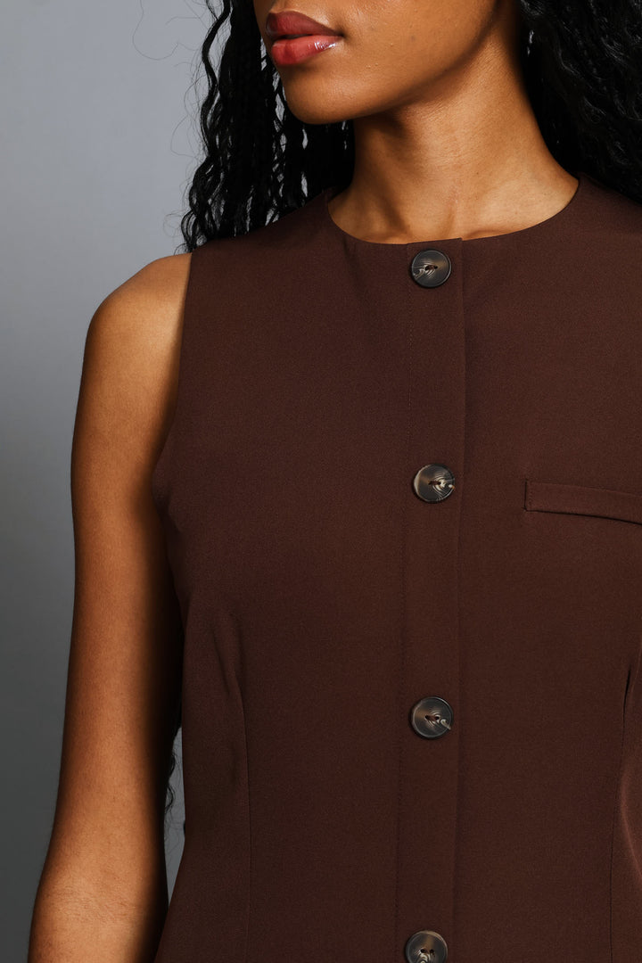 Button Through Pleated Hem Dress - Chocolate