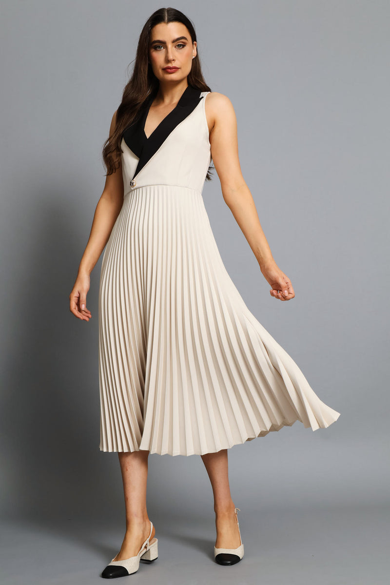 Lapel Contrast Collar Pleated Midi Dress - Cream/Black