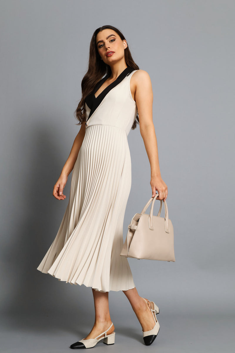 Lapel Contrast Collar Pleated Midi Dress - Cream/Black