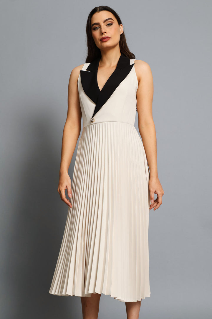 Lapel Contrast Collar Pleated Midi Dress - Cream/Black