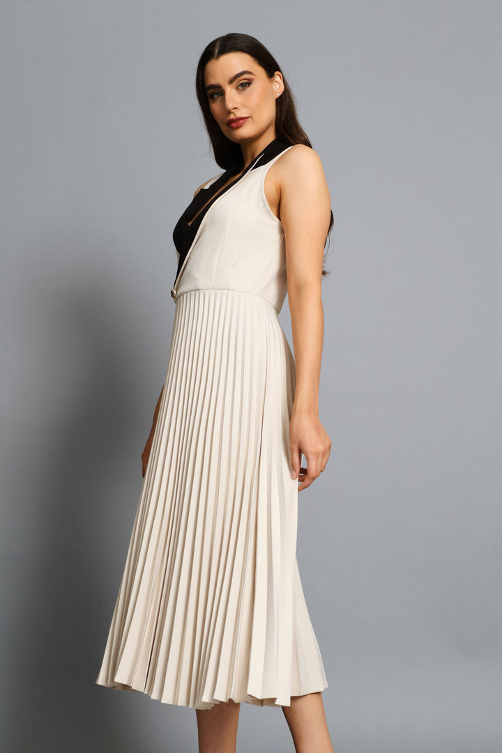 Lapel Contrast Collar Pleated Midi Dress - Cream/Black