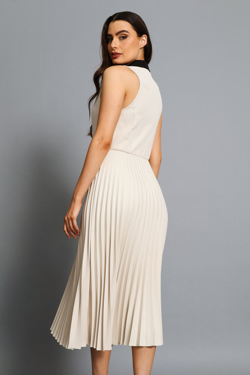 Lapel Contrast Collar Pleated Midi Dress - Cream/Black