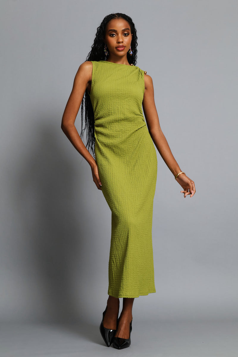 Trim Shoulder Textured Midi Dress - Chartreuse
