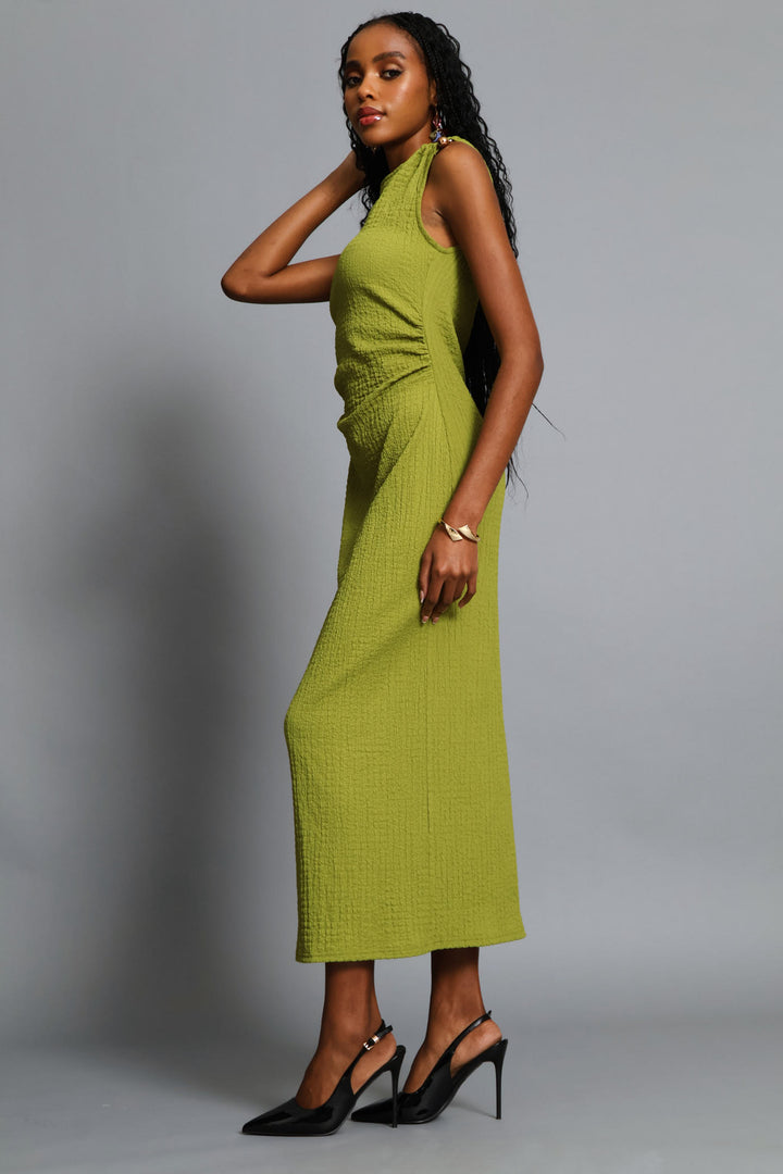 Trim Shoulder Textured Midi Dress - Chartreuse
