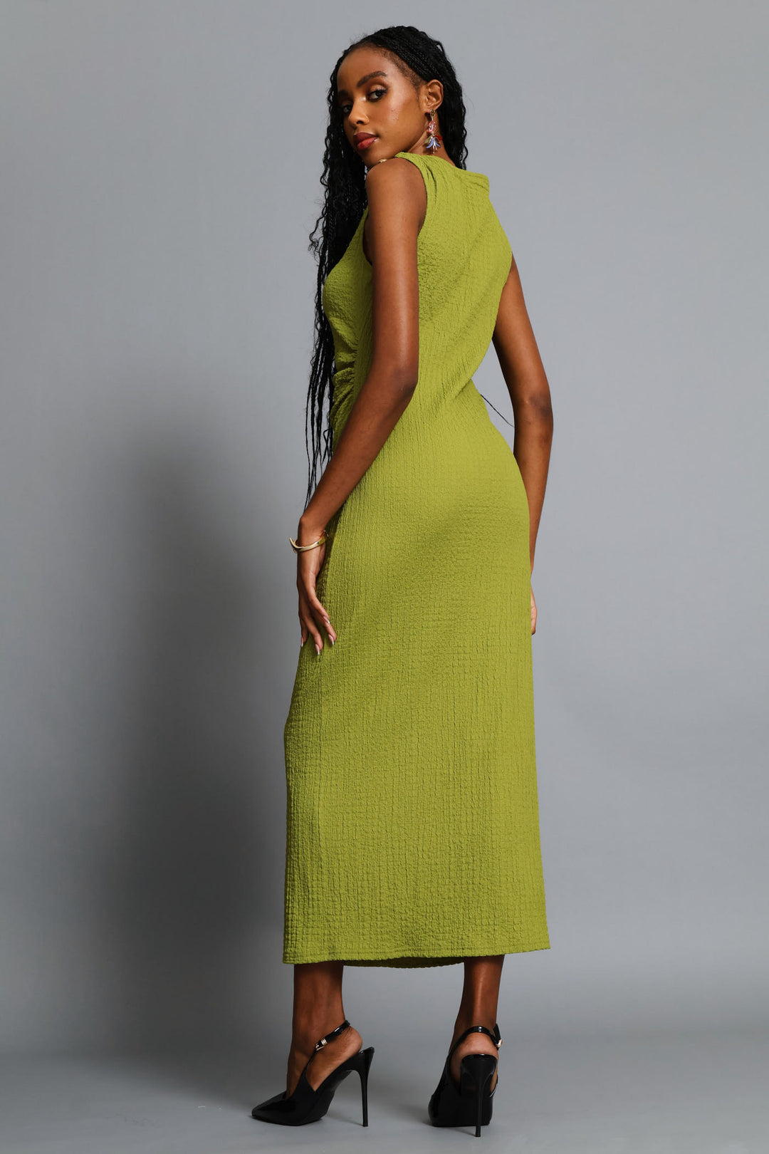 Trim Shoulder Textured Midi Dress - Chartreuse