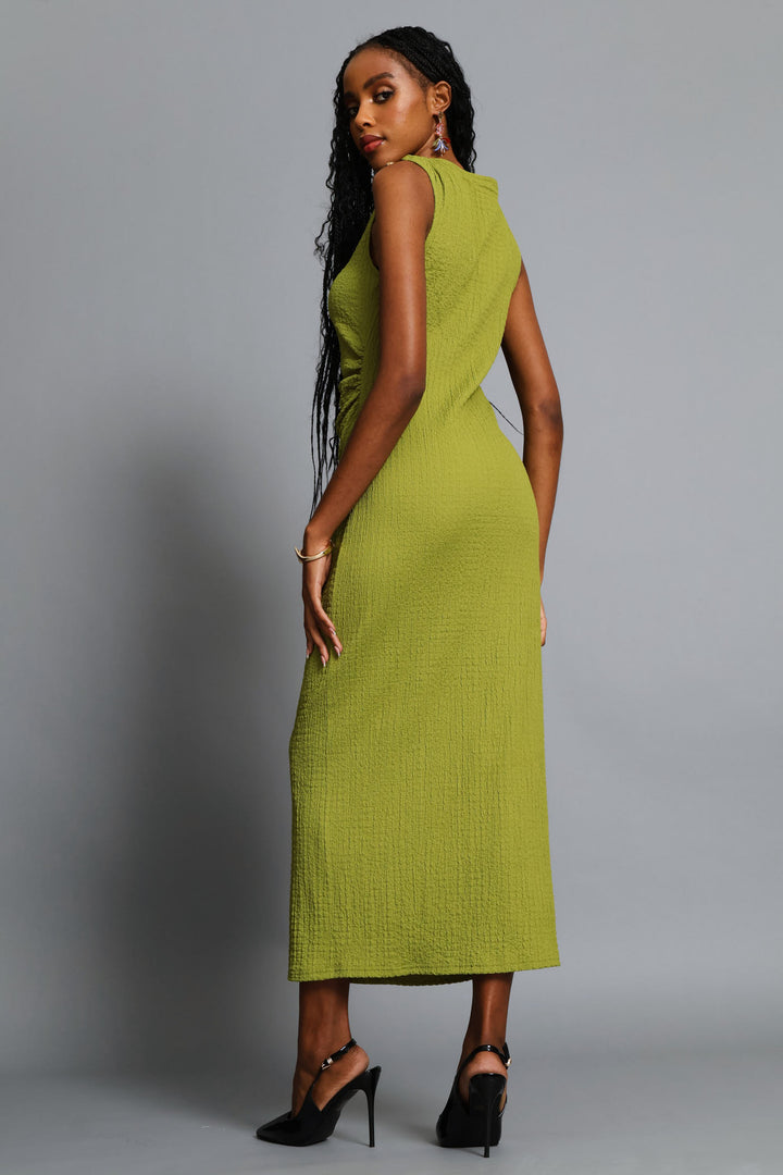 Trim Shoulder Textured Midi Dress - Chartreuse