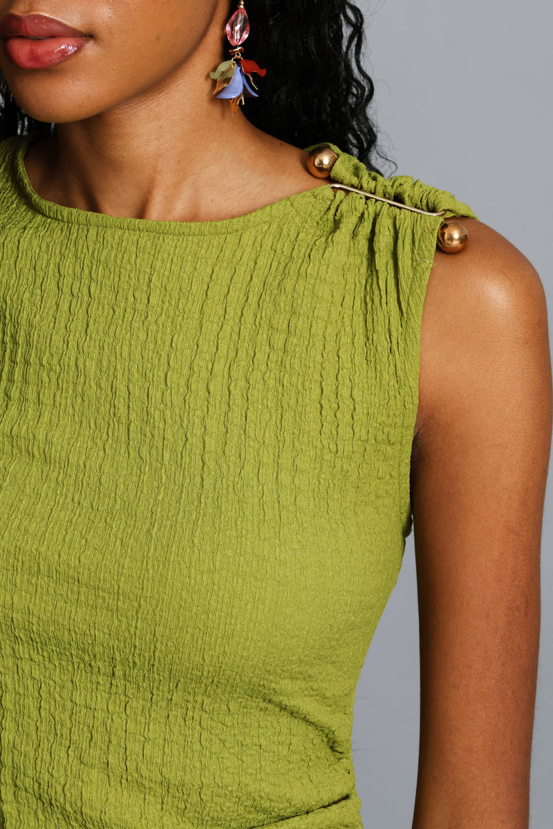 Trim Shoulder Textured Midi Dress - Chartreuse