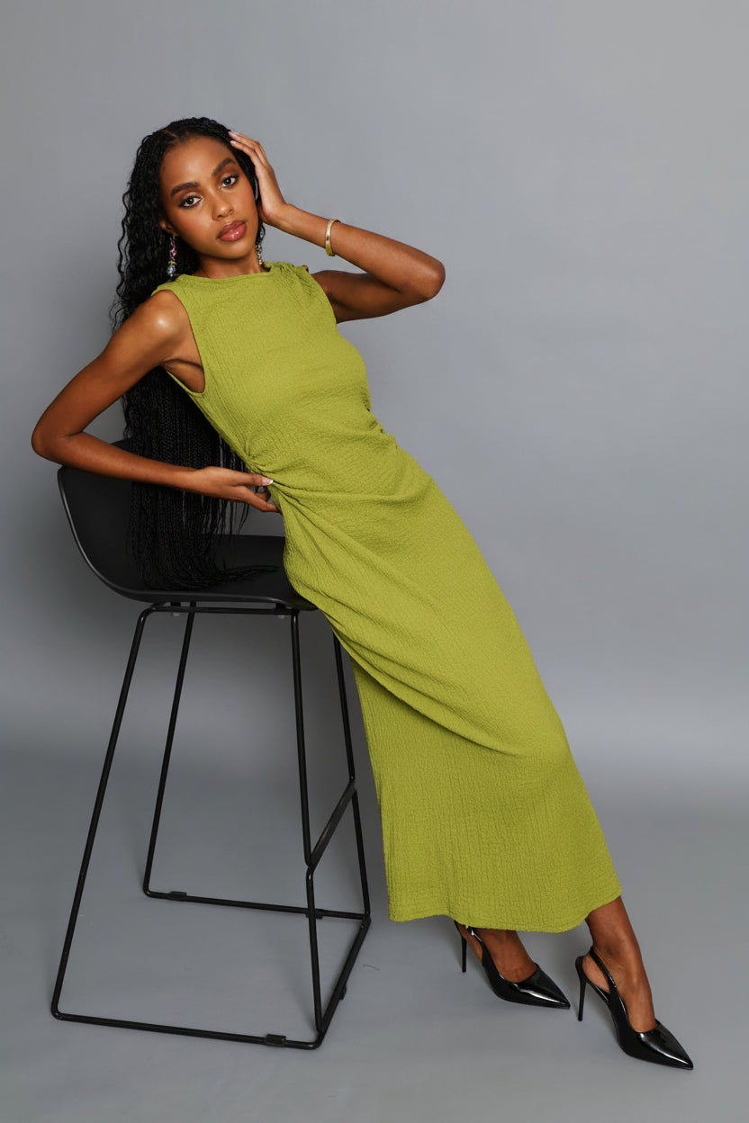 Trim Shoulder Textured Midi Dress - Chartreuse