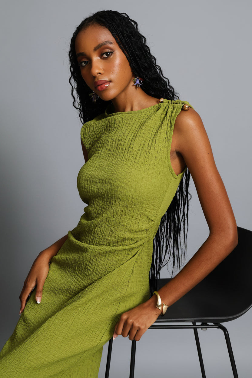 Trim Shoulder Textured Midi Dress - Chartreuse