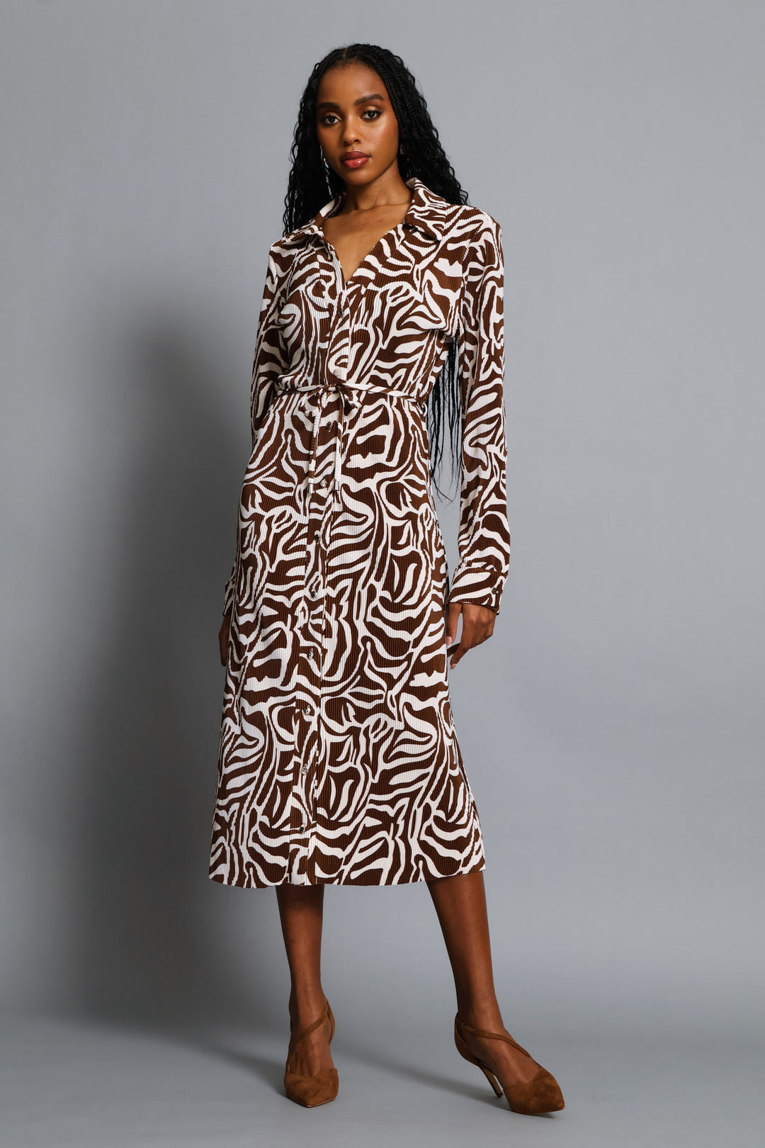 Plisse Shirt Midi Dress - Brown