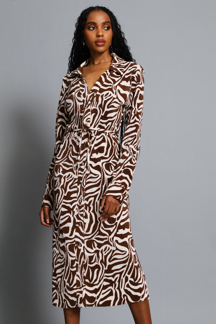 Plisse Shirt Midi Dress - Brown