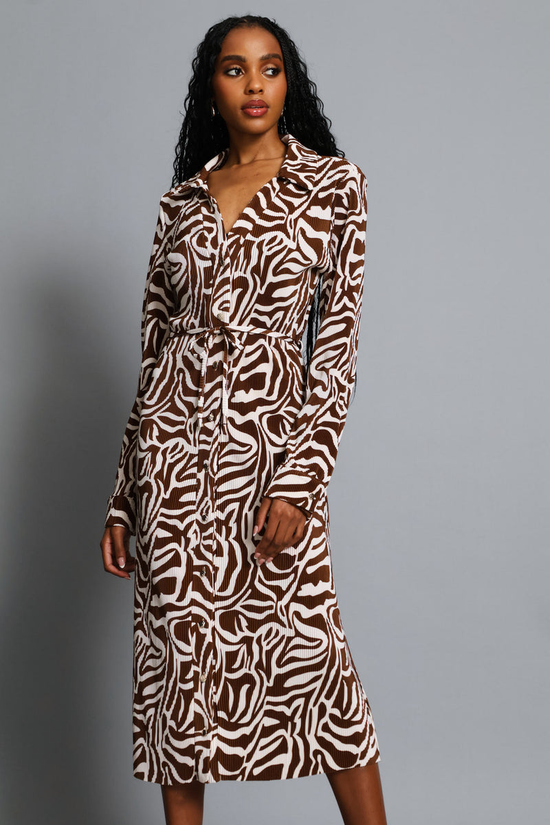 Plisse Shirt Midi Dress - Brown