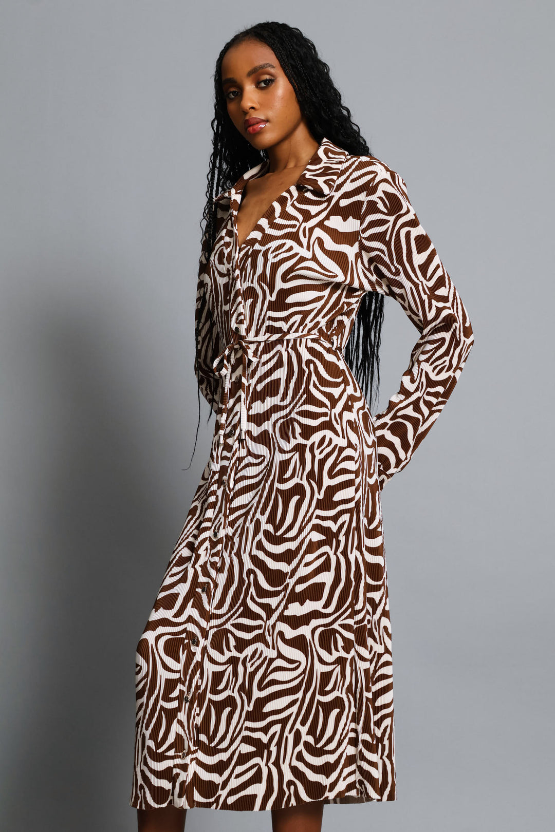Plisse Shirt Midi Dress - Brown