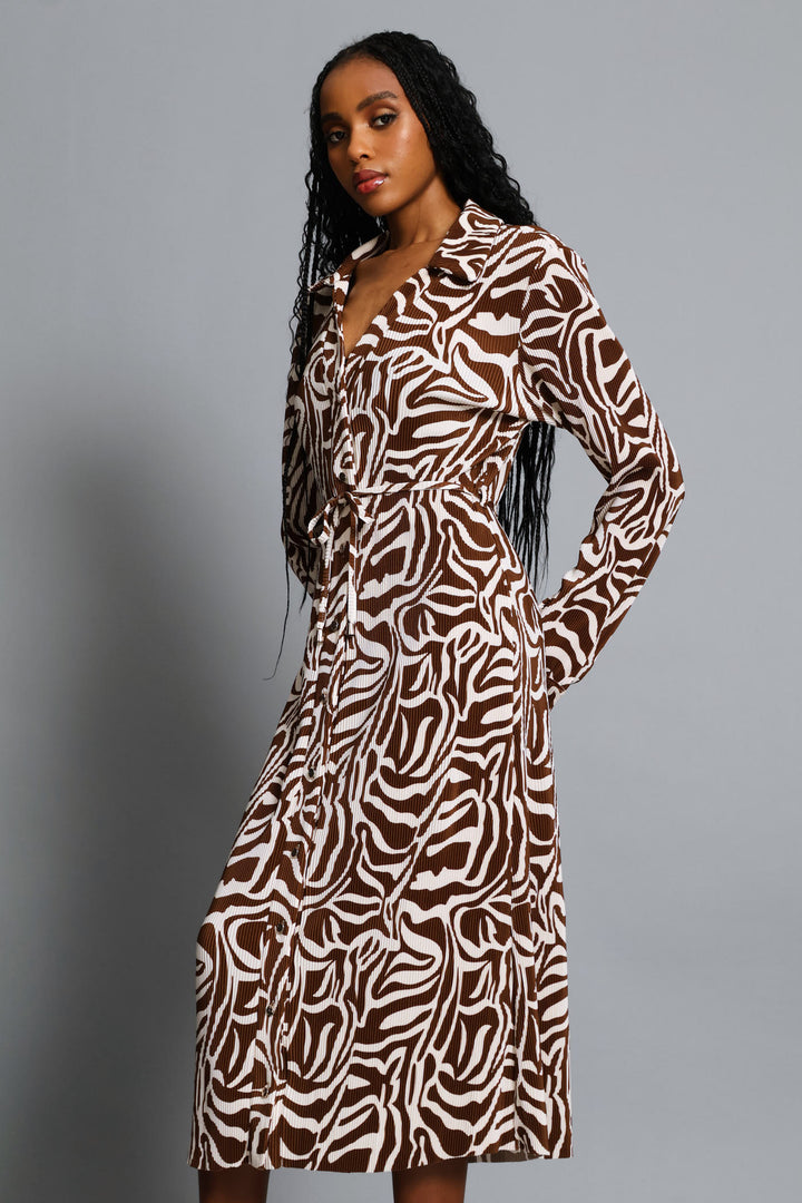 Plisse Shirt Midi Dress - Brown