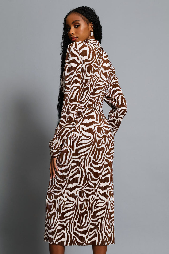 Plisse Shirt Midi Dress - Brown