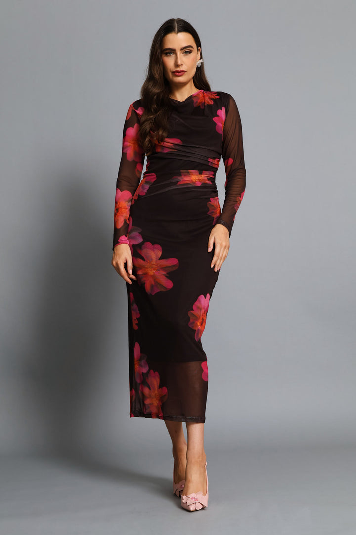 Hyper Floral Ruched Mesh Midi Dress - Black