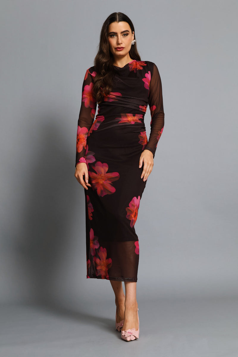 Hyper Floral Ruched Mesh Midi Dress - Black