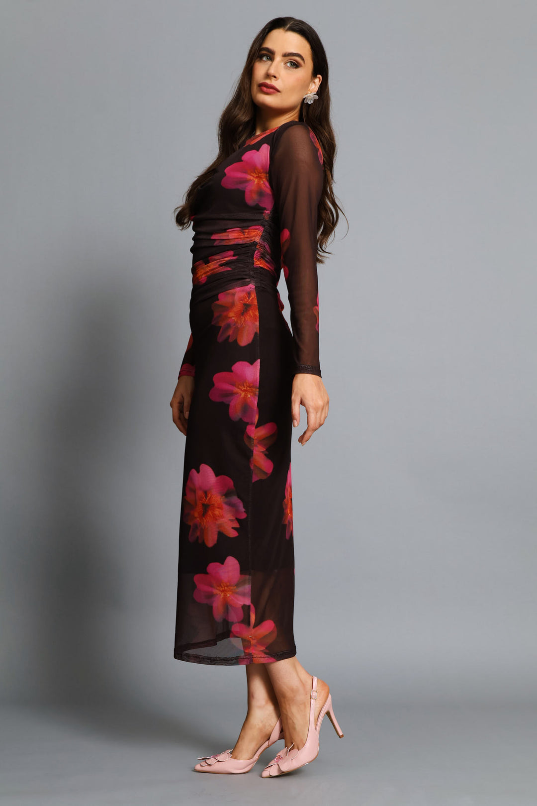 Hyper Floral Ruched Mesh Midi Dress - Black