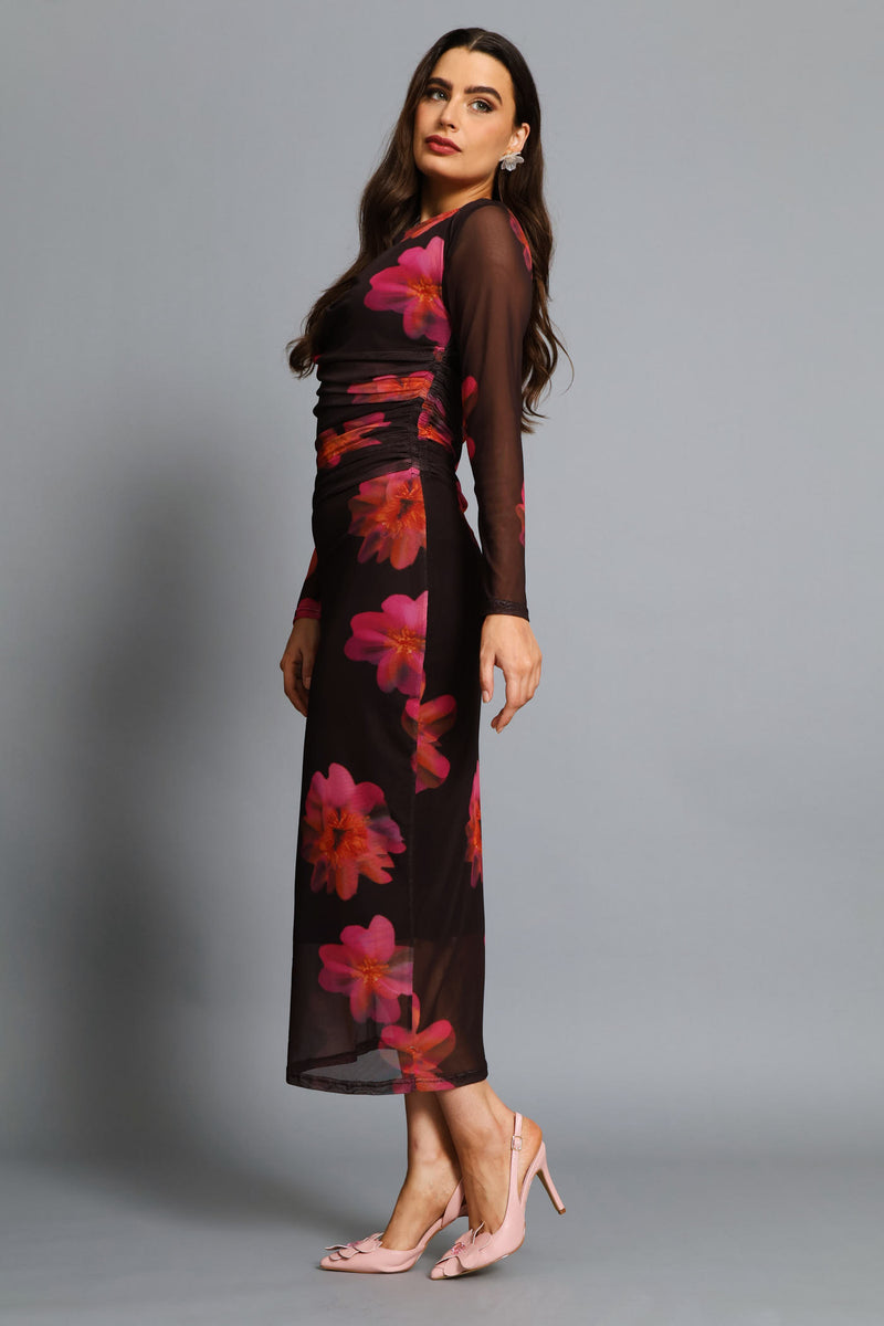 Hyper Floral Ruched Mesh Midi Dress - Black