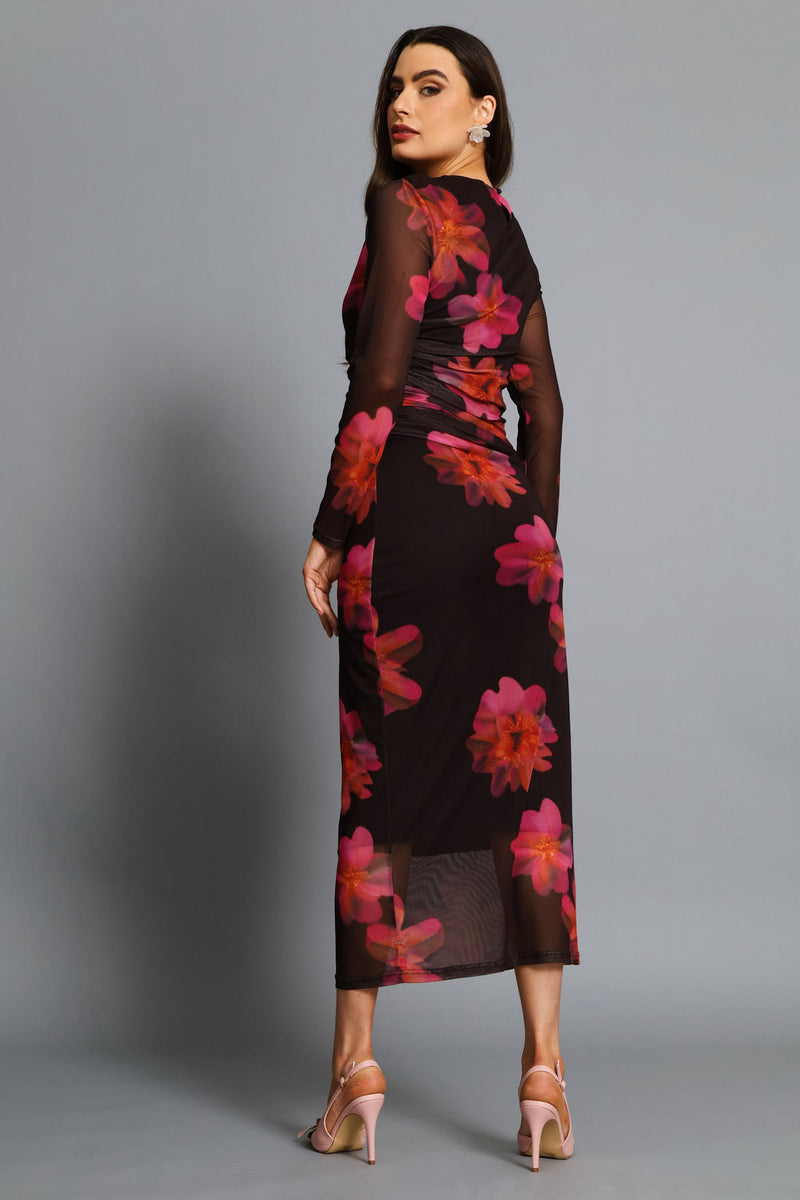 Hyper Floral Ruched Mesh Midi Dress - Black