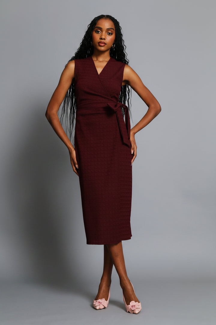 Textured Wrap Midi Dress - Wine