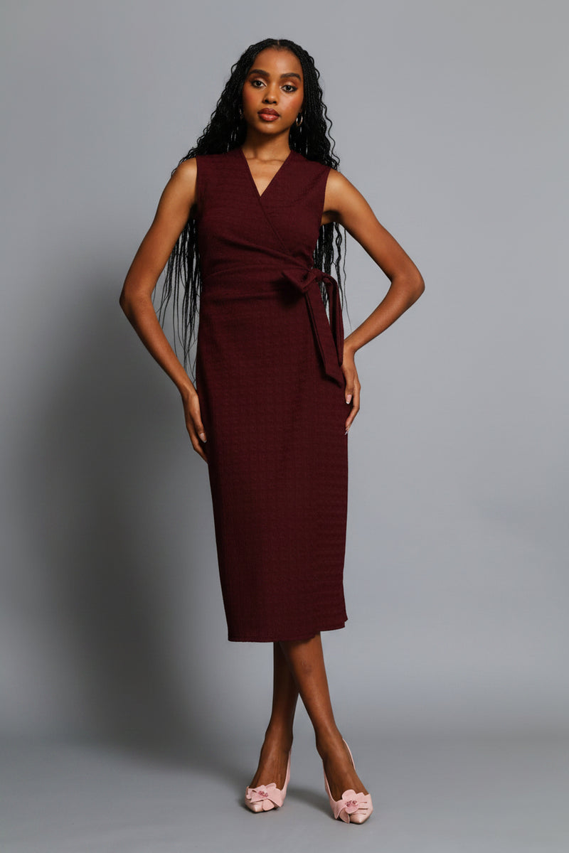 Textured Wrap Midi Dress - Wine