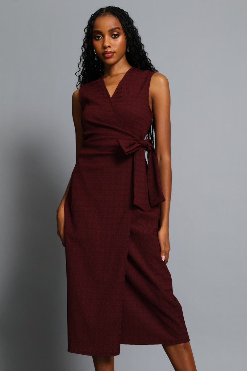 Textured Wrap Midi Dress - Wine