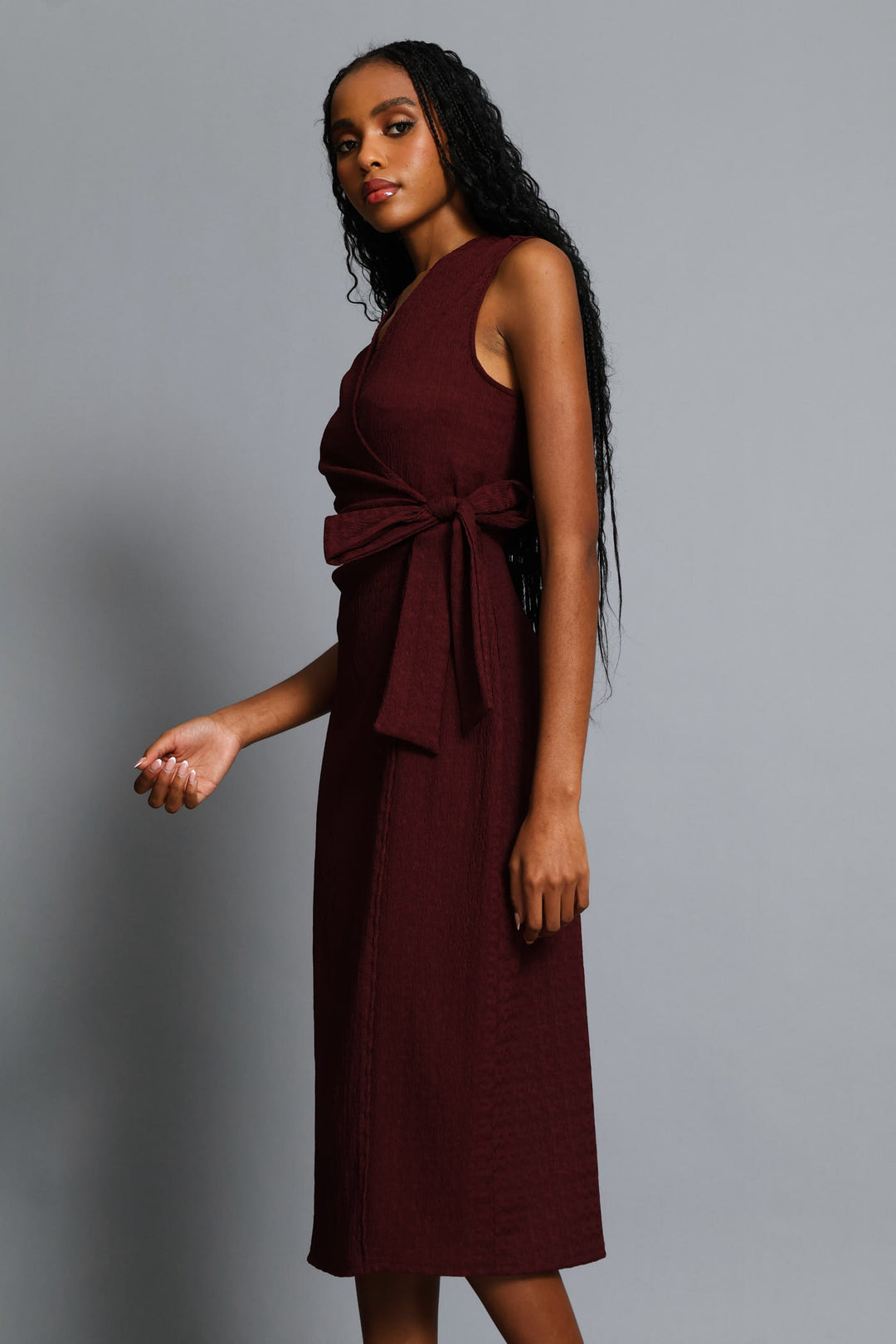 Textured Wrap Midi Dress - Wine
