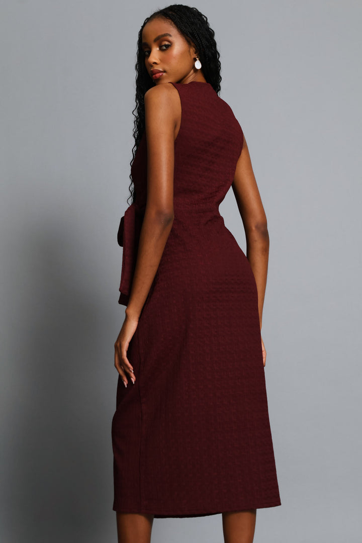 Textured Wrap Midi Dress - Wine