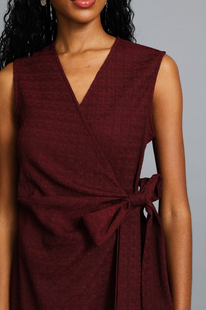 Textured Wrap Midi Dress - Wine