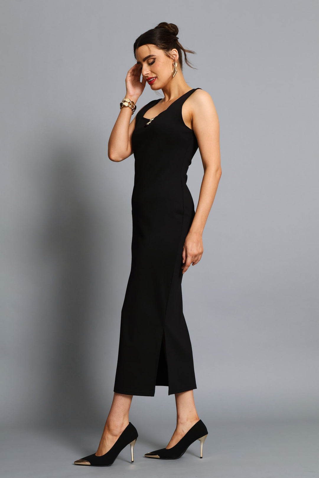 Trim Slit Detail Maxi Dress - Black