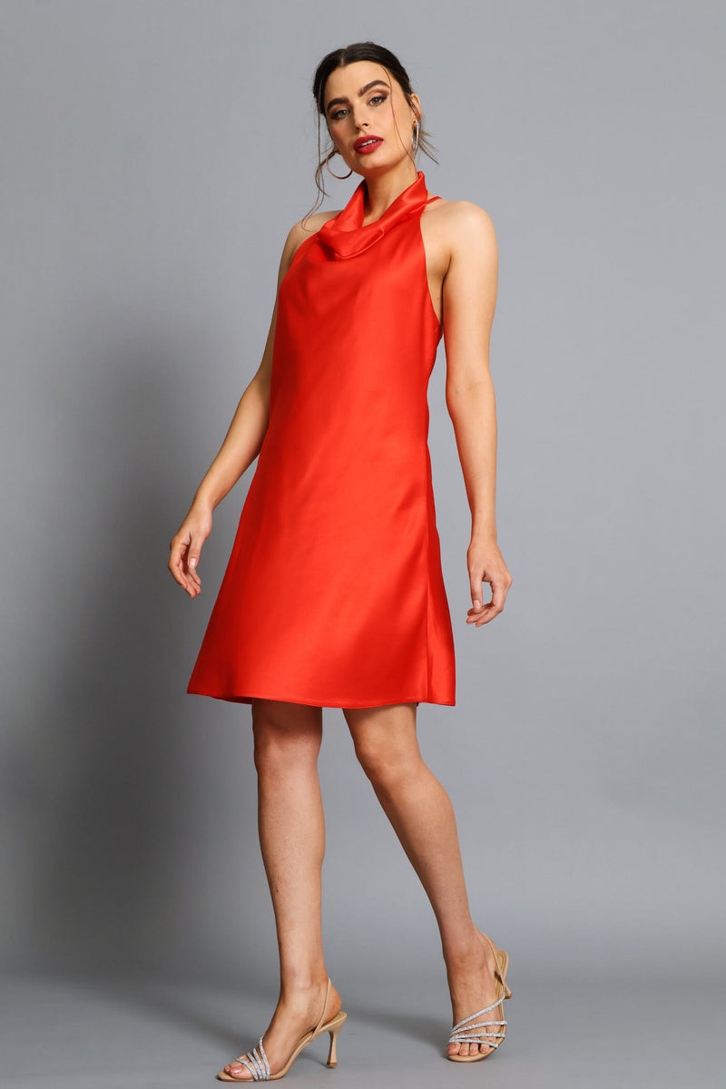 Cowl Halter Satin Mini Slip Dress - Red