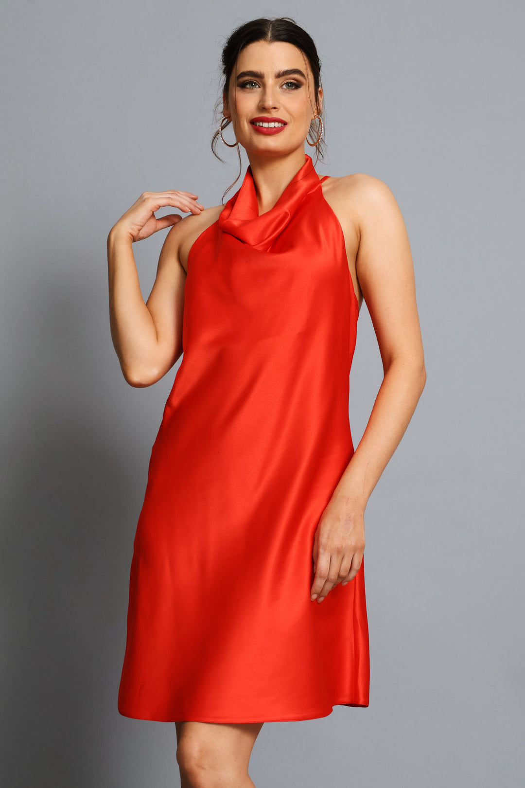 Cowl Halter Satin Mini Slip Dress - Red