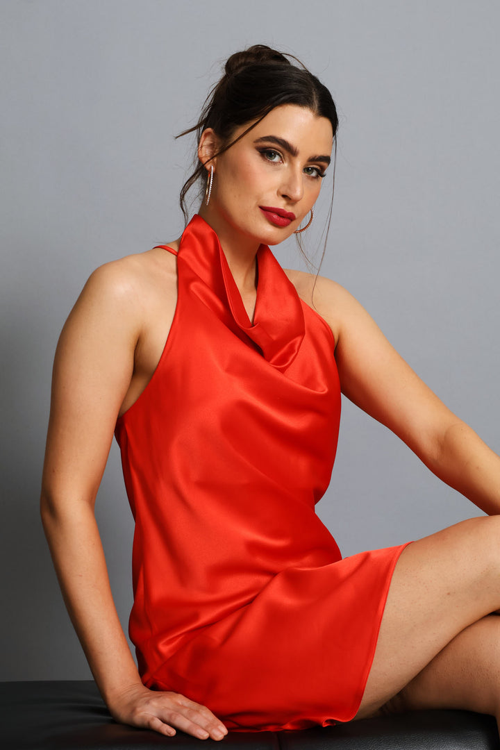 Cowl Halter Satin Mini Slip Dress - Red