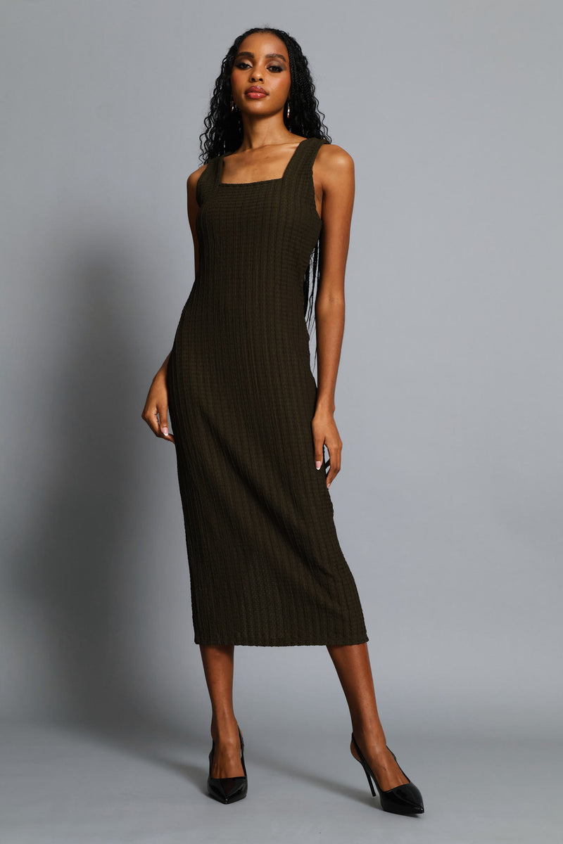 Square Neck Textured Bodycon Midi Dress - Fatigue