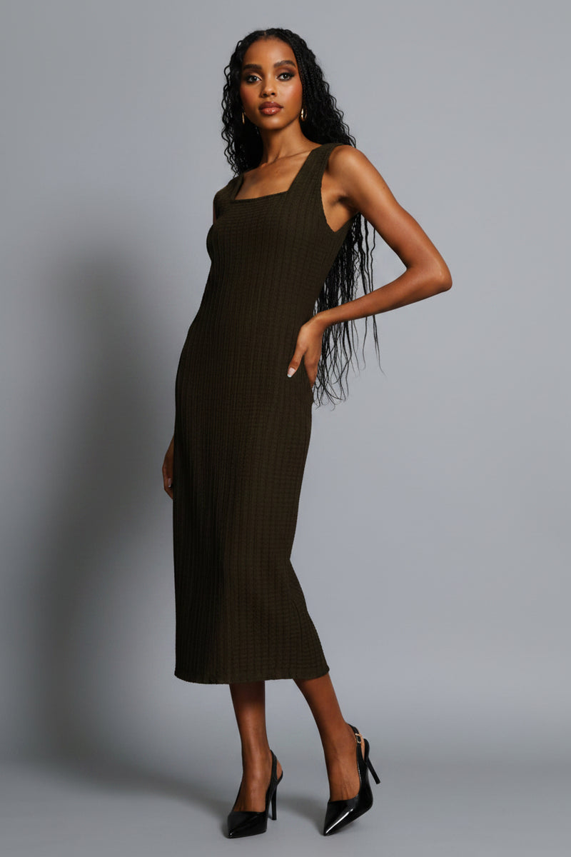 Square Neck Textured Bodycon Midi Dress - Fatigue