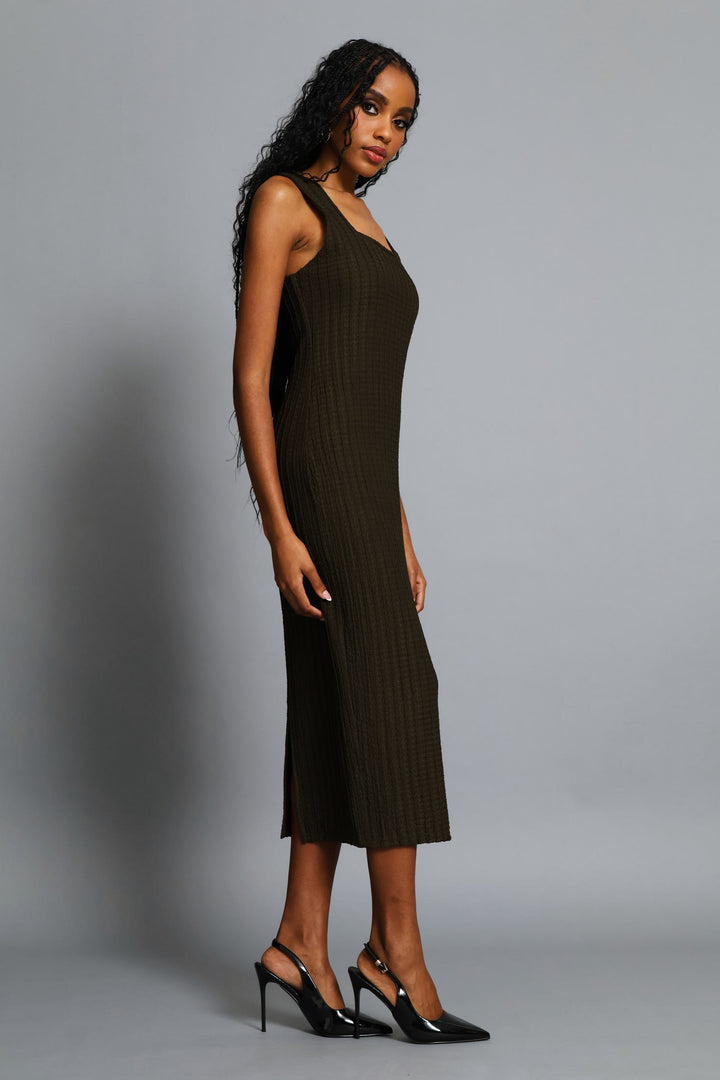 Square Neck Textured Bodycon Midi Dress - Fatigue