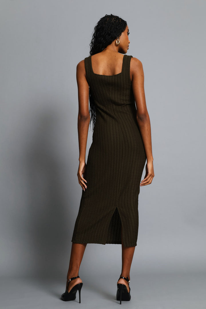 Square Neck Textured Bodycon Midi Dress - Fatigue