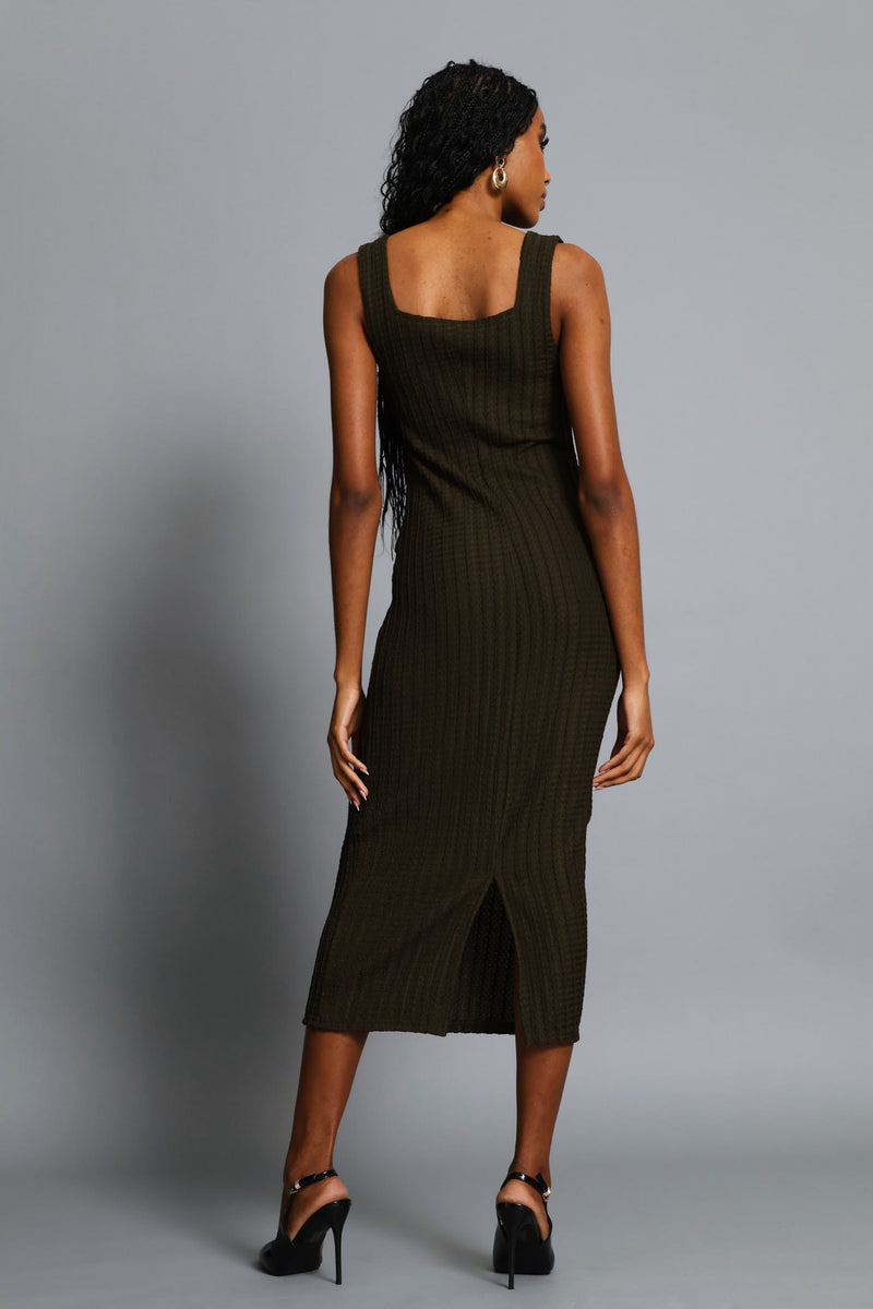 Square Neck Textured Bodycon Midi Dress - Fatigue