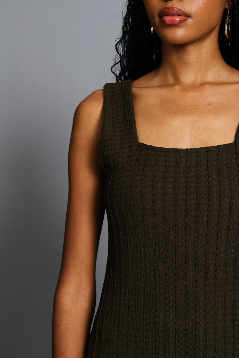 Square Neck Textured Bodycon Midi Dress - Fatigue