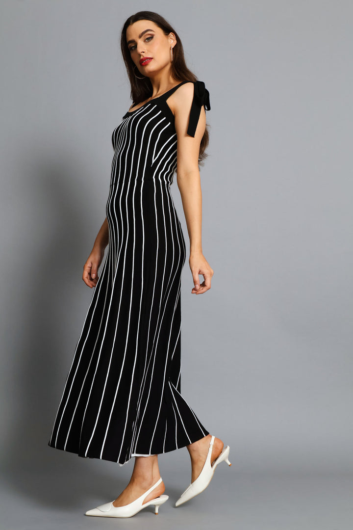 Tie Up Constrast Knitwear Midi Dress - Black