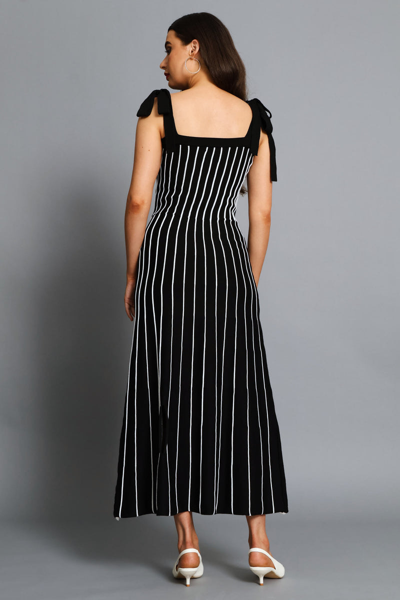 Tie Up Constrast Knitwear Midi Dress - Black