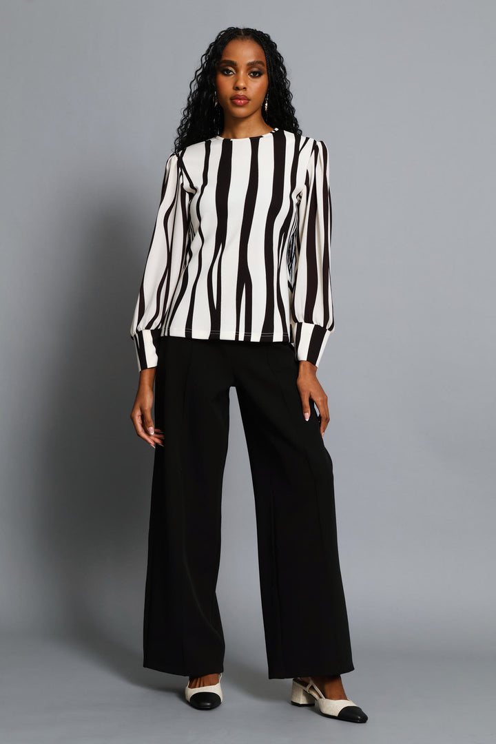 Abstract Striped Knitwear Combo Blouse - Creak/Dark Chocolate