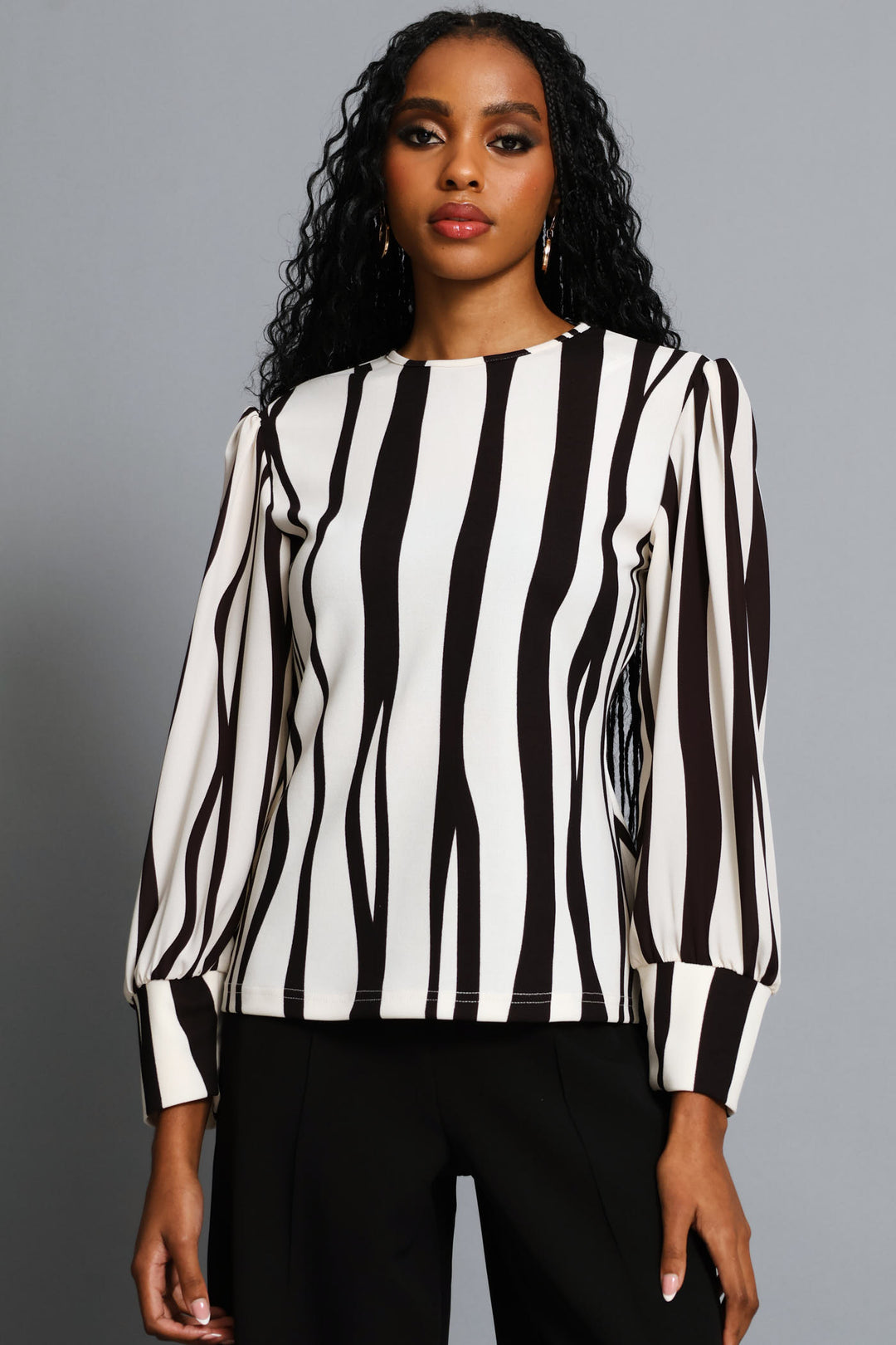 Abstract Striped Knitwear Combo Blouse - Creak/Dark Chocolate