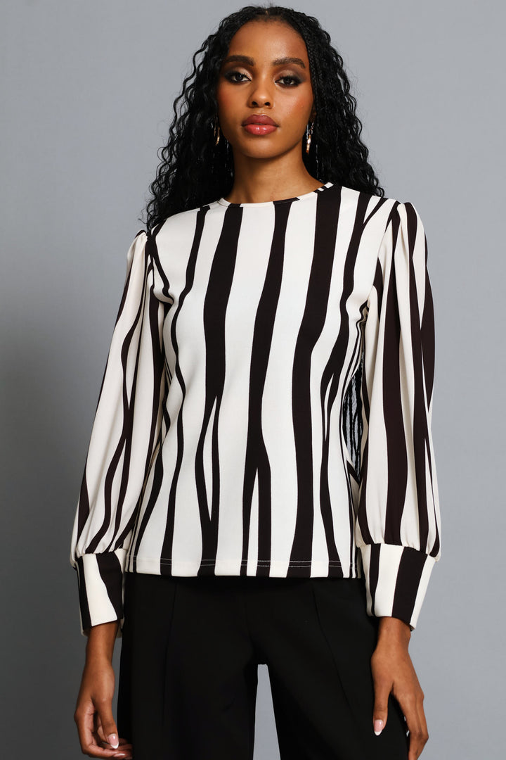 Abstract Striped Knitwear Combo Blouse - Creak/Dark Chocolate